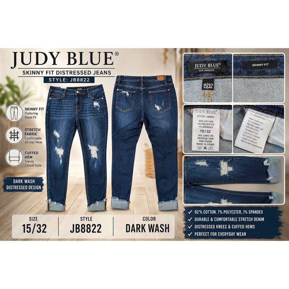 Judy Blue JB8822 Skinny Fit Distressed Jeans Dark Wash Cuffed Hem Mens 15/32